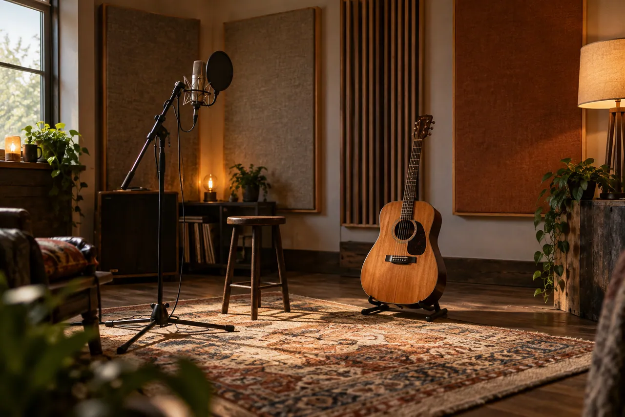 An empty intimate acoustic recording room with a wooden guitar on a stand.