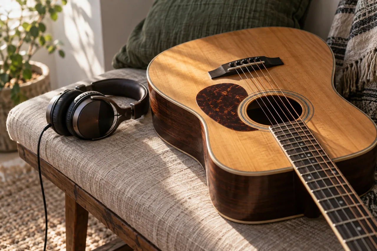 Close detail of an acoustic guitar on a linen-covered bench beside headphones.